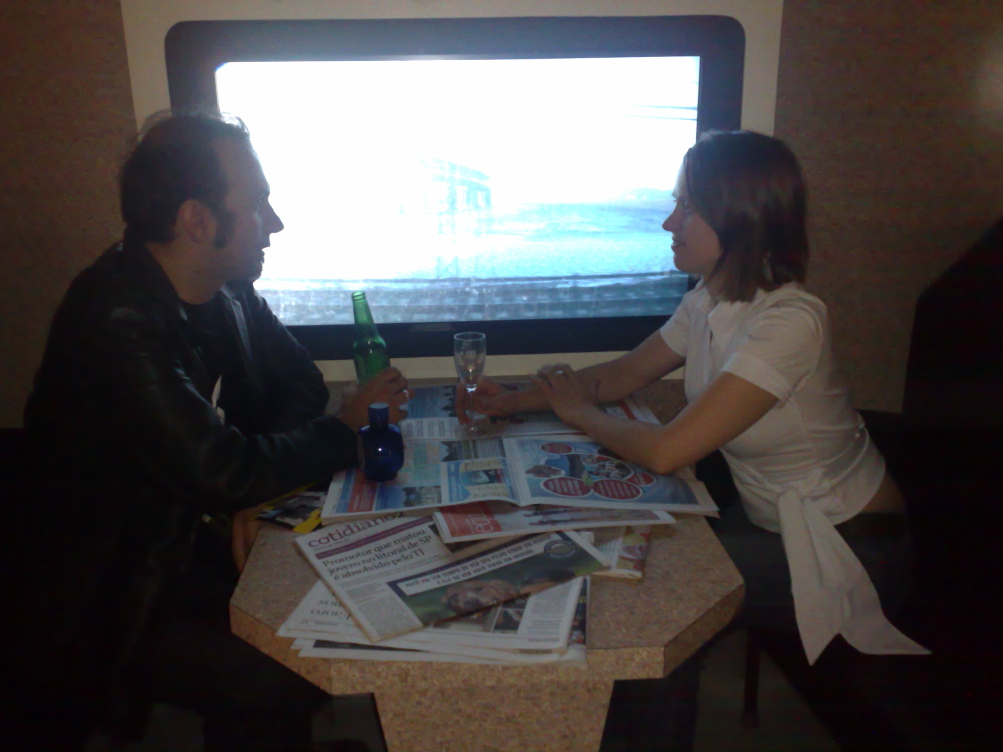 Lucas and Mirjam Struppek just after artemov's symposium, having a beer in one of the installations by Michel Gondry